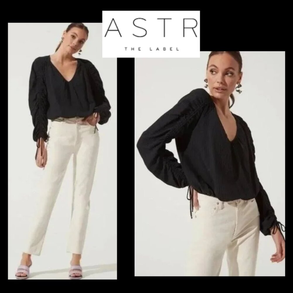 Astr Ruched Long Sleeve Black Blouse (Size XS)